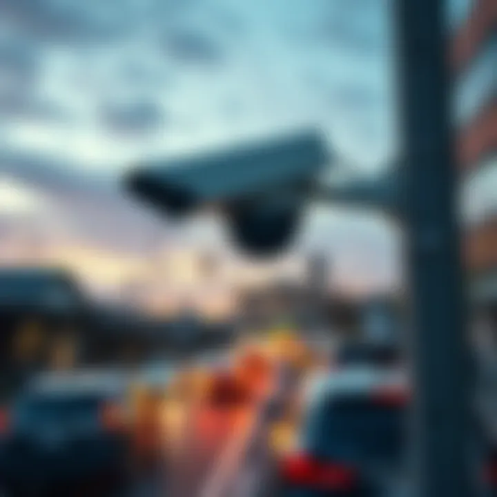 A surveillance camera mounted on a pole, watching over cars on a busy street, highlighting privacy concerns.