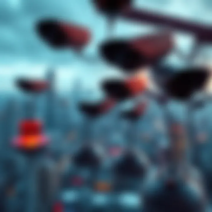 A city skyline filled with surveillance cameras monitoring the streets below, symbolizing a future dominated by constant observation.