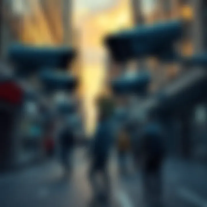 A city street with cameras watching people as they walk by, illustrating government monitoring and control.