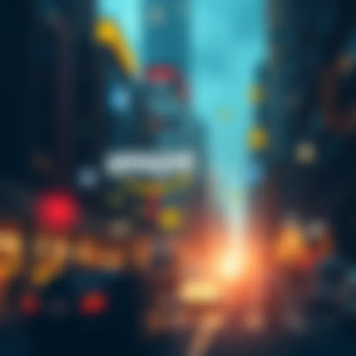 Illustration showing a web of connections between Amazon, Facebook, police, and government agencies in a city backdrop.