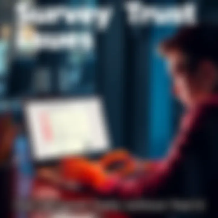 A person looking at a survey email on a laptop, appearing concerned about sharing their opinions.