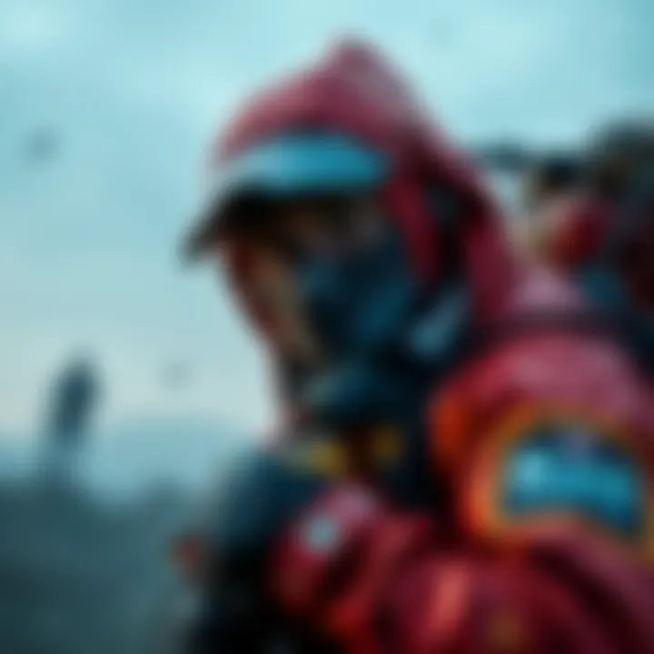 Survival Game Thrill A player facing harsh weather conditions in a survival game, struggling against rain and wind while trying to find shelter.