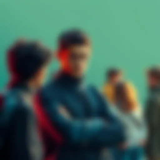 A person stands with crossed arms, observing a group with a skeptical expression, highlighting the theme of suspicion.