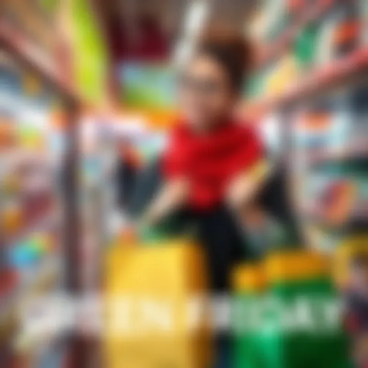 A shopper holding eco-friendly products with a reusable bag in a store, promoting Green Friday and sustainable shopping.