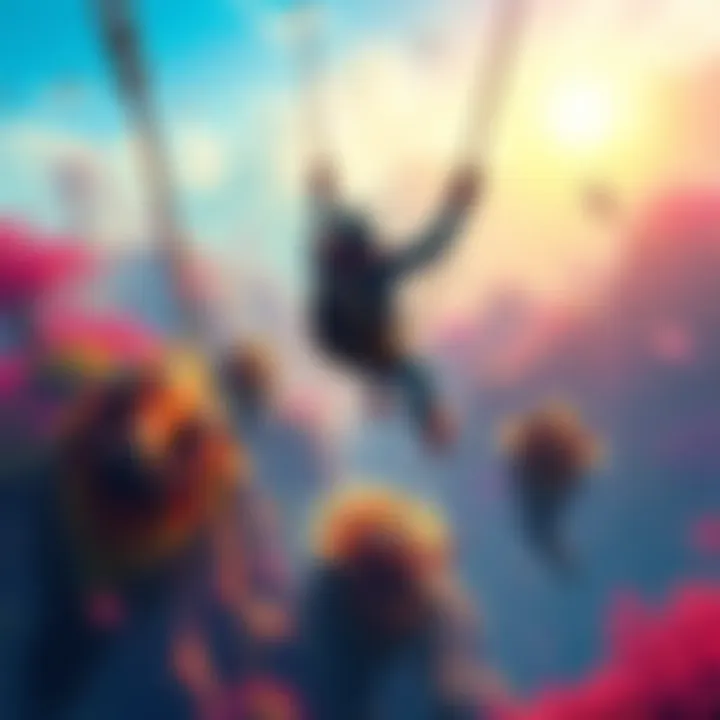 Colorful concept art for a swinging game featuring a character swinging through vibrant landscapes with various enemies and obstacles.