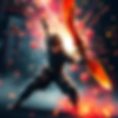 A character performing a dynamic sword attack in a game, showcasing fluid motion and impact effect.