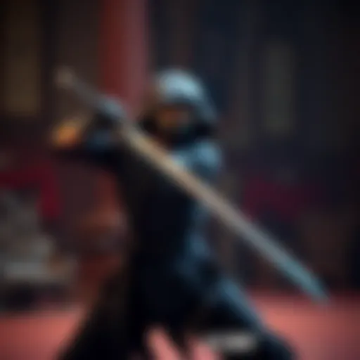 Sword fighter practicing slow-motion techniques A sword fighter executing a slow-motion move, showcasing precise timing and control in a dramatic pose, with a blurred background emphasizing the action.