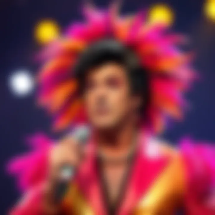 Sylvester Stallone dressed in vibrant drag attire, showcasing a bold makeup look and stylish costume on stage during a performance