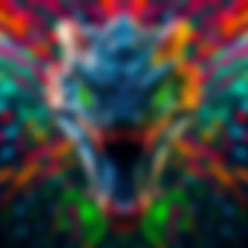 Digital artwork of a symmetrical reptilian face with glowing blue and green eyes, sharp fangs, set against a vibrant abstract background.