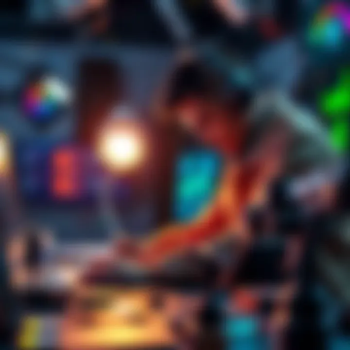 An artist creating digital art with technology, blending traditional tools and innovative devices.