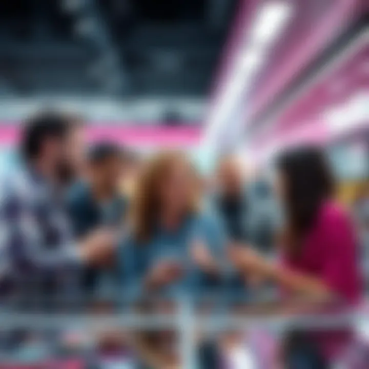 Angry customers discussing T-Mobile's new device fees in a store