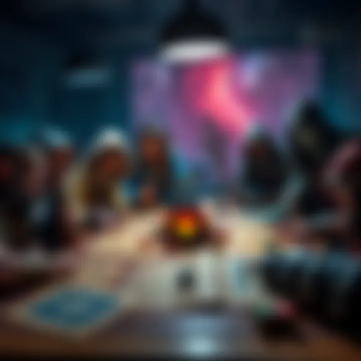 Tabletop Game Heroes and Encounters A group of diverse fantasy heroes preparing for an adventure around a game table, with dice and maps spread out.