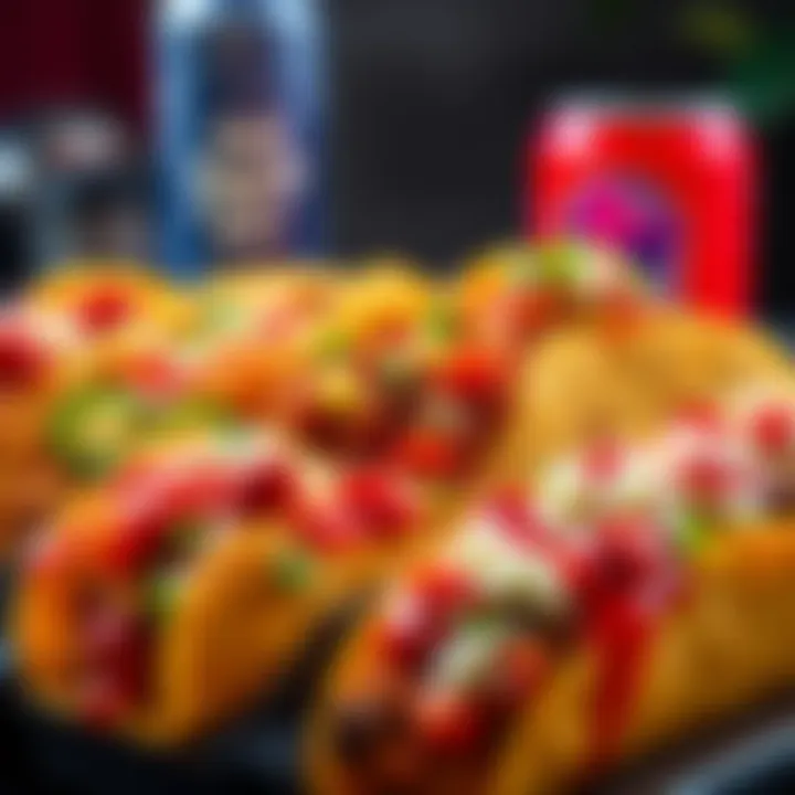 A colorful display of new spicy menu items from Taco Bell, including tacos and burritos with vibrant toppings and sauces, showcasing their bold flavors