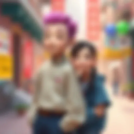 A tall fictional character named Gng standing next to a girl identified as Fillian, who has a bright expression, in a colorful setting.