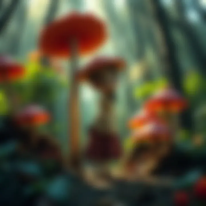 A tall, whimsical lady with mushroom features stands in a vibrant forest, surrounded by colorful mushrooms and nature.