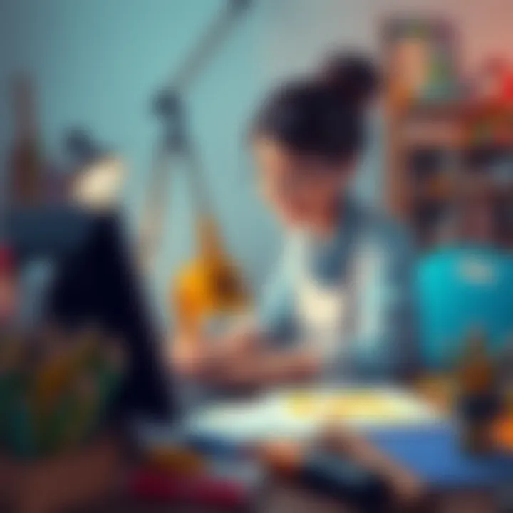 Tara joyfully working on an animation project, surrounded by colorful sketches and tools of creativity.