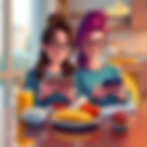 Tara and Bean enjoying breakfast together while reading news on their devices.