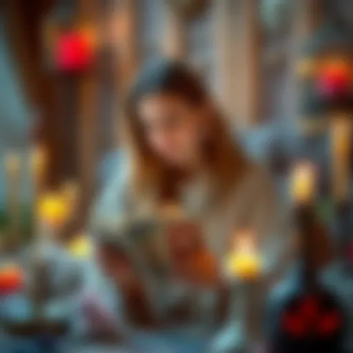 A woman reading tarot cards in a cozy setting, surrounded by candles and crystals, representing the Tarot Wife community.