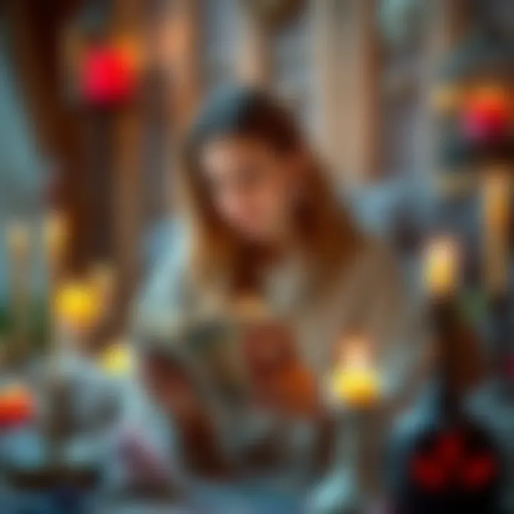 A woman reading tarot cards in a cozy setting, surrounded by candles and crystals, representing the Tarot Wife community.