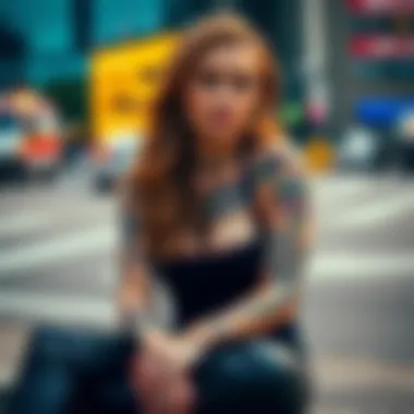 Tattooed Woman A stylish woman showcasing colorful tattoos on her arms and shoulders, sitting in an urban setting, emphasizing her body art.