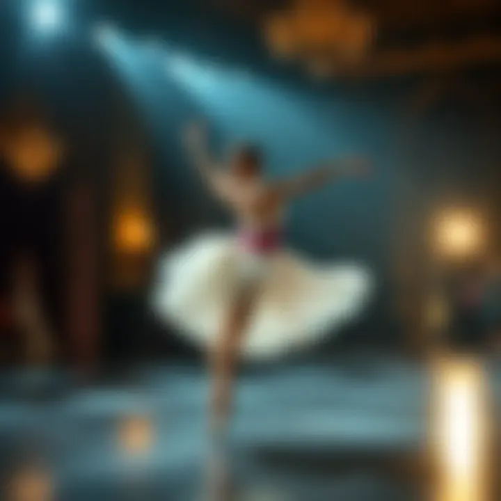 A ballet dancer gracefully performs Tchaikovsky's Waltz from 'The Sleeping Beauty' on stage, surrounded by elegant costumes and soft lighting.