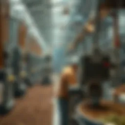 An overview of a tea factory showcasing modern equipment and tea leaves being processed.