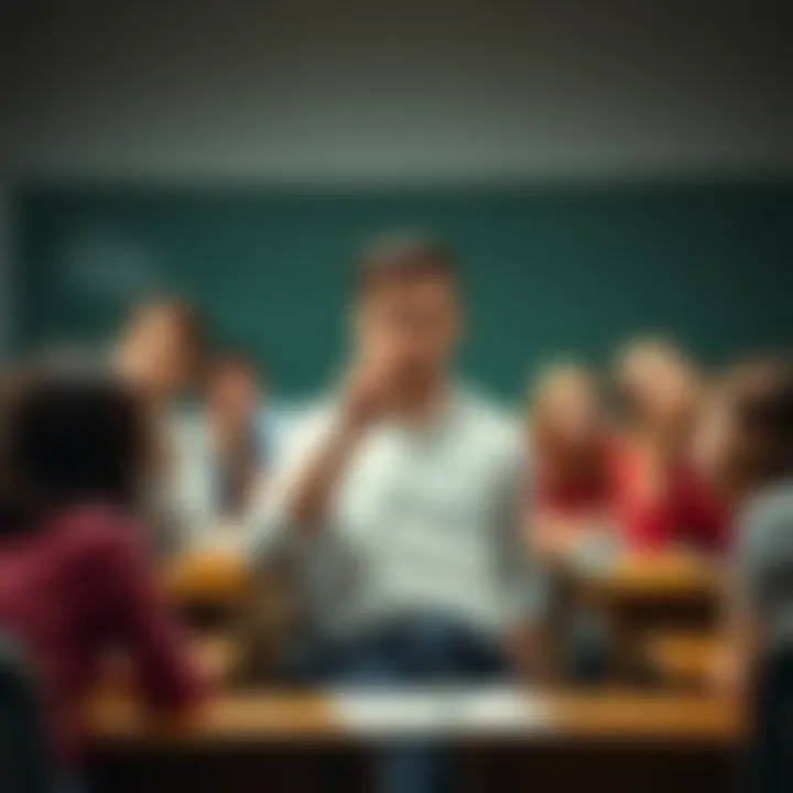 A teacher casually smoking a cigarette at a desk surrounded by students looking shocked.