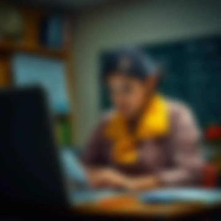 A school teacher looking concerned while using a laptop, with social media comments visible on the screen, depicting online bullying from teenagers.