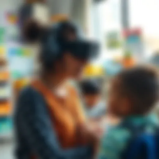 A preschool teacher wearing a camera captures classroom activities while interacting with children.