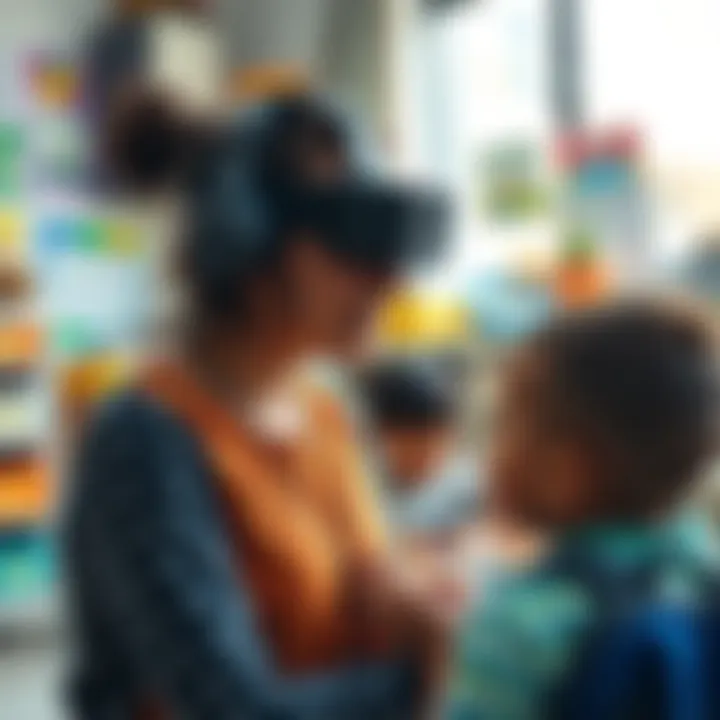 A preschool teacher wearing a camera captures classroom activities while interacting with children.