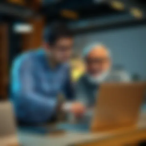 An instructor guiding a hesitant adult learner on a laptop, showcasing the challenge of embracing technology.