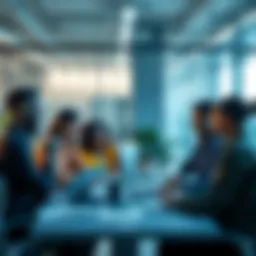 A diverse group of people discussing strategies to address AI-related unemployment in a modern office