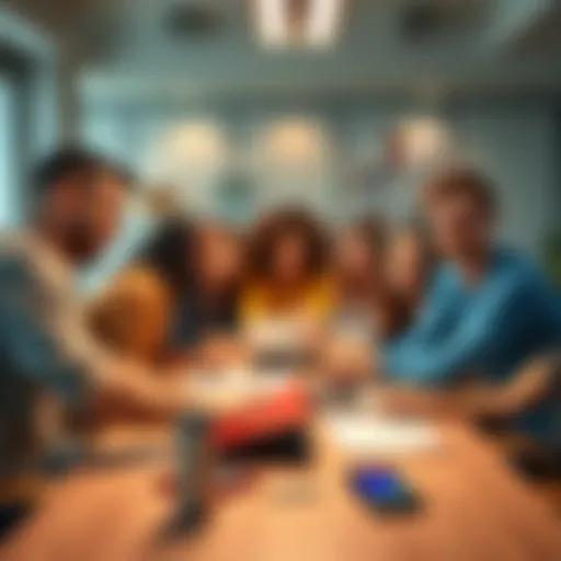 A diverse group of people collaborating around a table with game design documents and laptops, brainstorming ideas for an online dating multiplayer game.