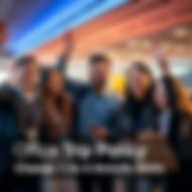 Group of employees smiling and discussing new office trip policy changes