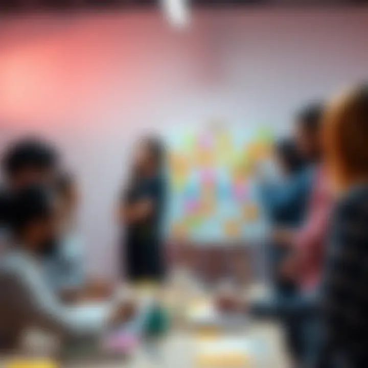 A diverse team working together on a project, using sticky notes and a whiteboard to illustrate the Snap to Grid methodology in action.