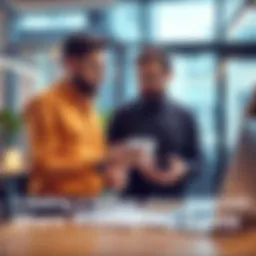 Two coworkers sharing ideas about productivity tools in a bright office setting.