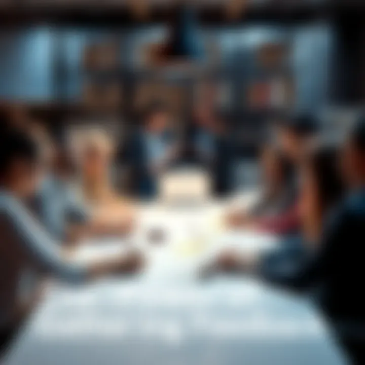 A diverse group of people brainstorming and sharing ideas around a table with notes and laptops