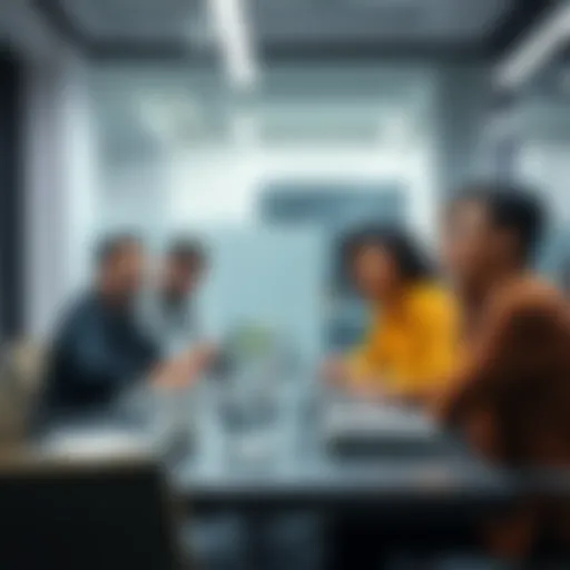 A diverse team discussing strategy in a conference room with laptops and notes