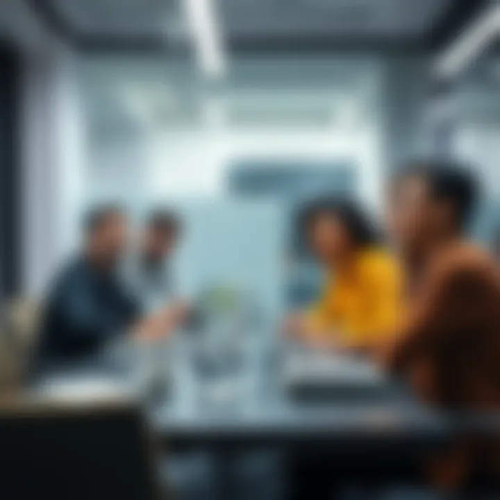 A diverse team discussing strategy in a conference room with laptops and notes