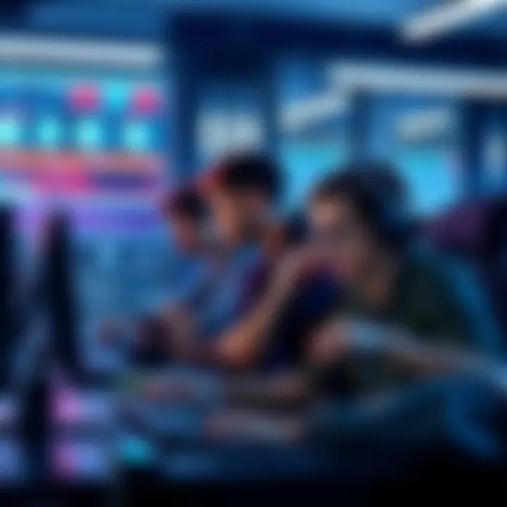 A team of tech workers collaborating at computers, focused on fixing a swipe issue