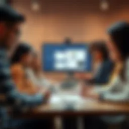 A diverse group of professionals collaborating using digital tools, displaying project management software on a screen and taking notes during a meeting.