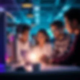 A diverse group of people collaborating at a computer, using automation tools while engaging with each other
