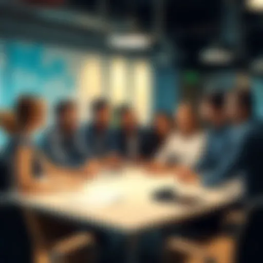 A diverse group of agency staff collaborating around a table, discussing new office policies and teamwork strategies, showing engagement and unity.