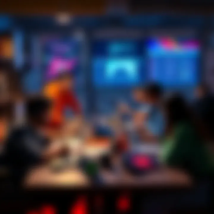 Team organizing tasks during game jam A group of people collaborating at a table with laptops and notes, planning their game jam project