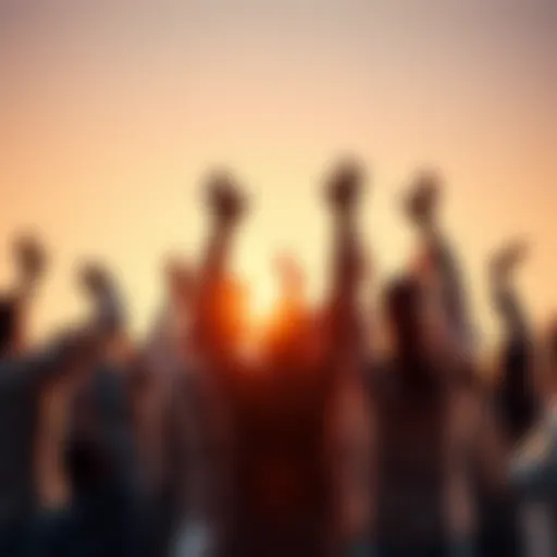 A diverse group of team members raising their hands in celebration after achieving multiple tasks together.