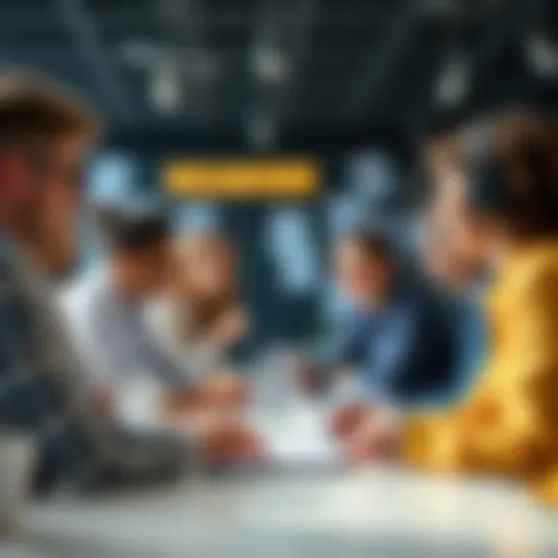 A group of colleagues collaborating at a table, discussing ideas and working together on a project.