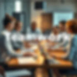 A diverse group of people collaborating around a table with papers and laptops, showcasing teamwork and shared goals.