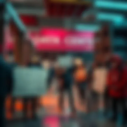 A protest outside a data center with people holding signs advocating for tech regulation and fair governance.