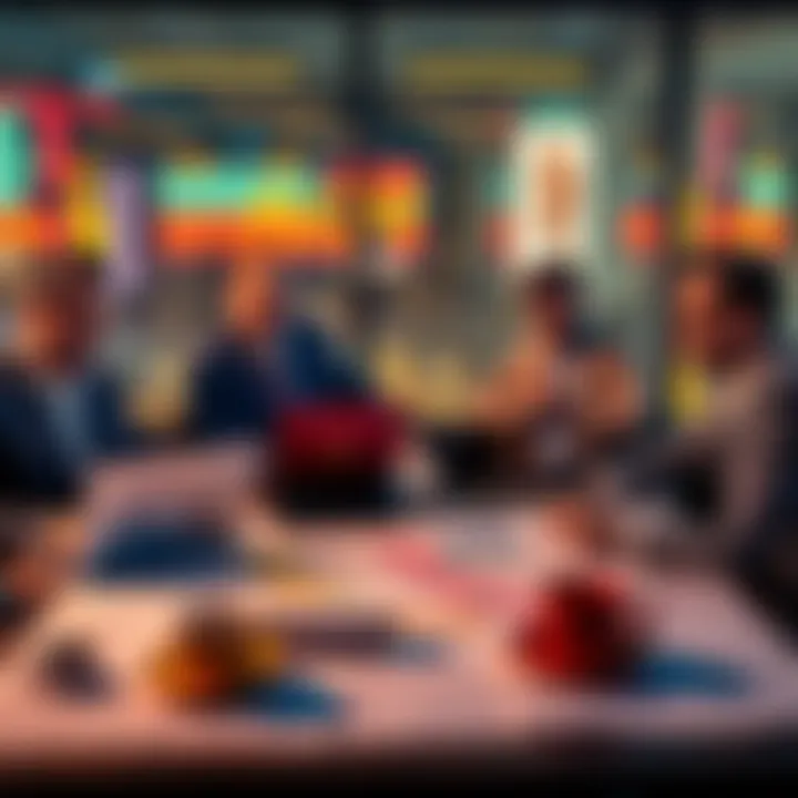 A group of tech billionaires discussing strategies while looking at California maps and election data on a table with laptops and coffee cups