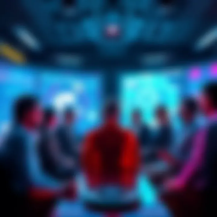 A group of tech billionaires discussing futuristic concepts inspired by science fiction, surrounded by digital screens showing advanced technology.